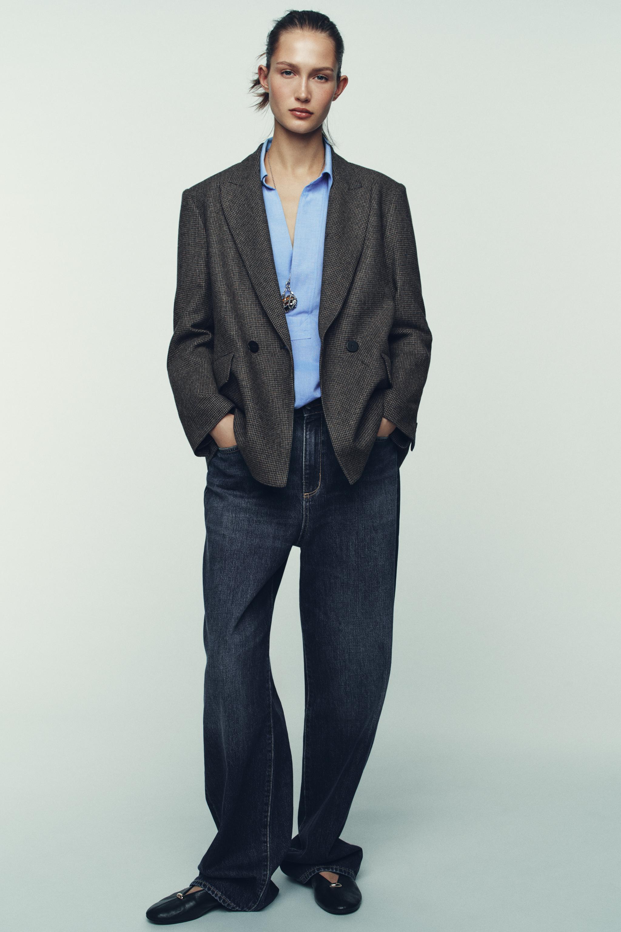 BLAZER CROISÉE OVERSIZE À CARREAUX AVEC LAINE